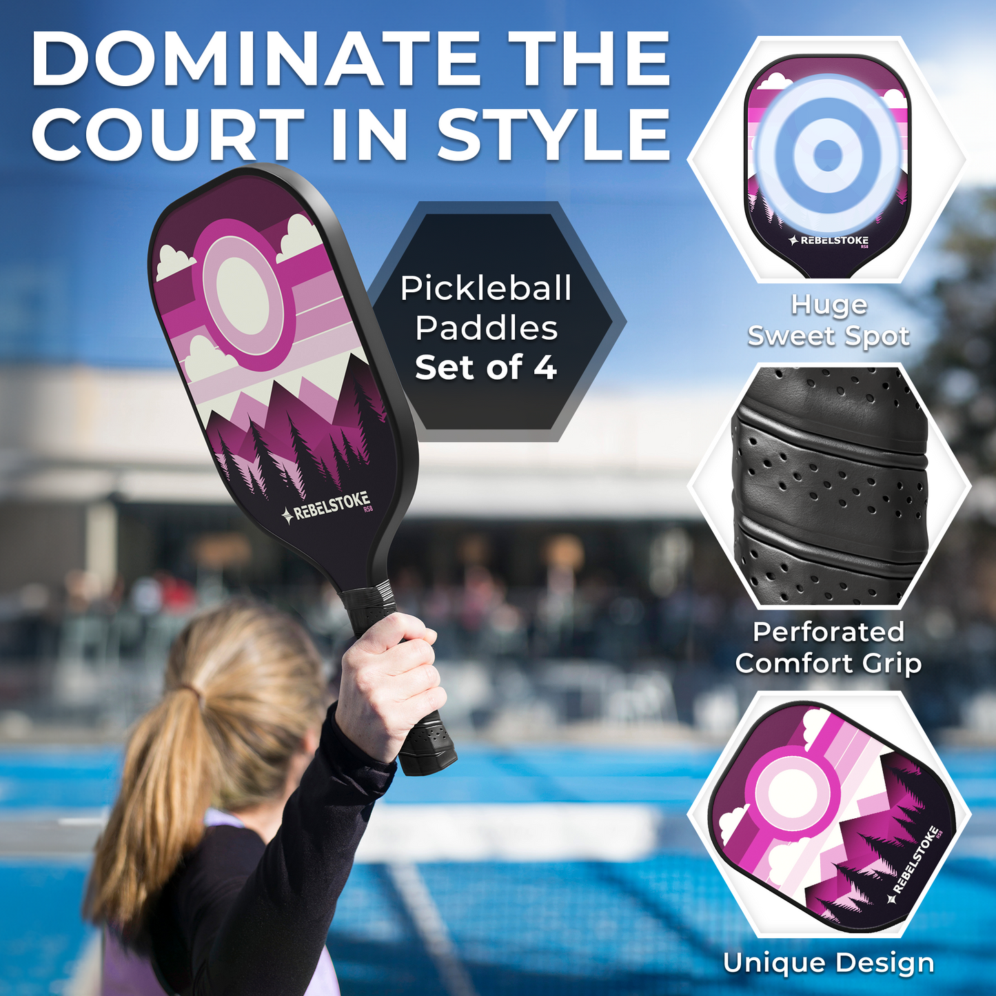 REBELSTOKE PICKLEBALL PADDLES SET OF 4 - SUN/MOON